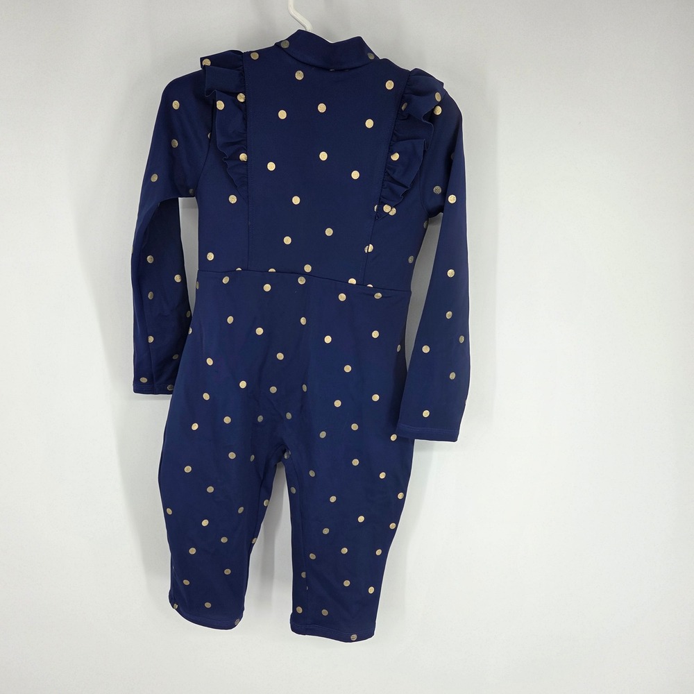 Mini Boden Navy Blue Gold Polka Dot Ruffle UPF 40+ Rash Guard Swimsuit 3-4Y - Picture 2 of 6